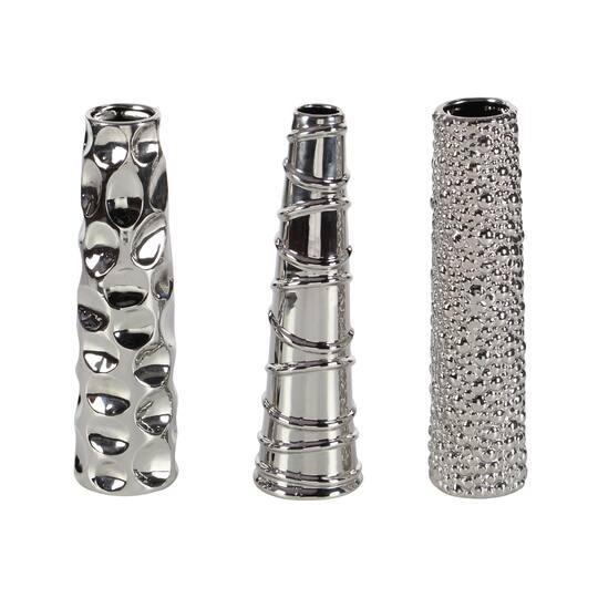 12" Silver Ceramic Abstract Glam Vase Set